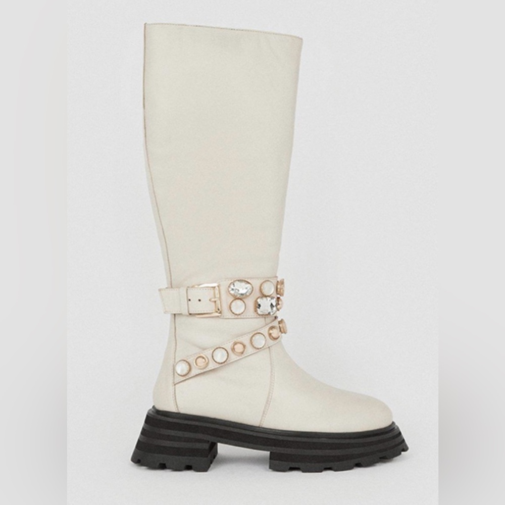 Leather Studded Statement Cream Knee-High Boots